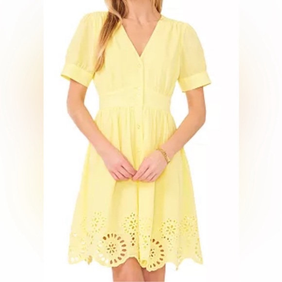 NWT CeCe Bright Yellow scalloped Eyelet hem cotton Mini Dress US 14 - Picture 2 of 9